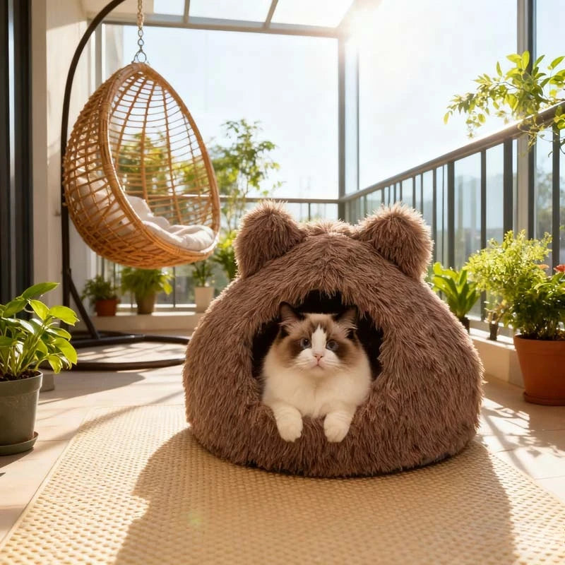 Plush Bed Semi-enclosed Pet Nest Foldable Removable Washable