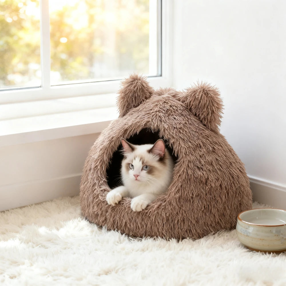 Plush Bed Semi-enclosed Pet Nest Foldable Removable Washable
