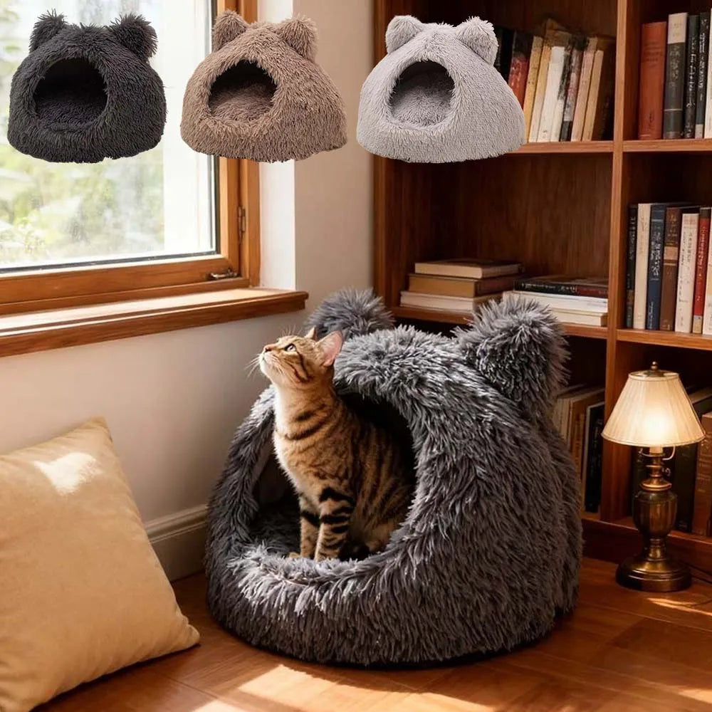 Plush Bed Semi-enclosed Pet Nest Foldable Removable Washable